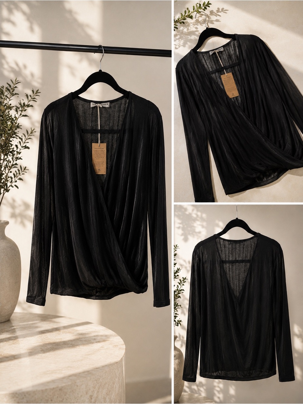 Project Social T Black Wrap-Front Long Sleeve Top